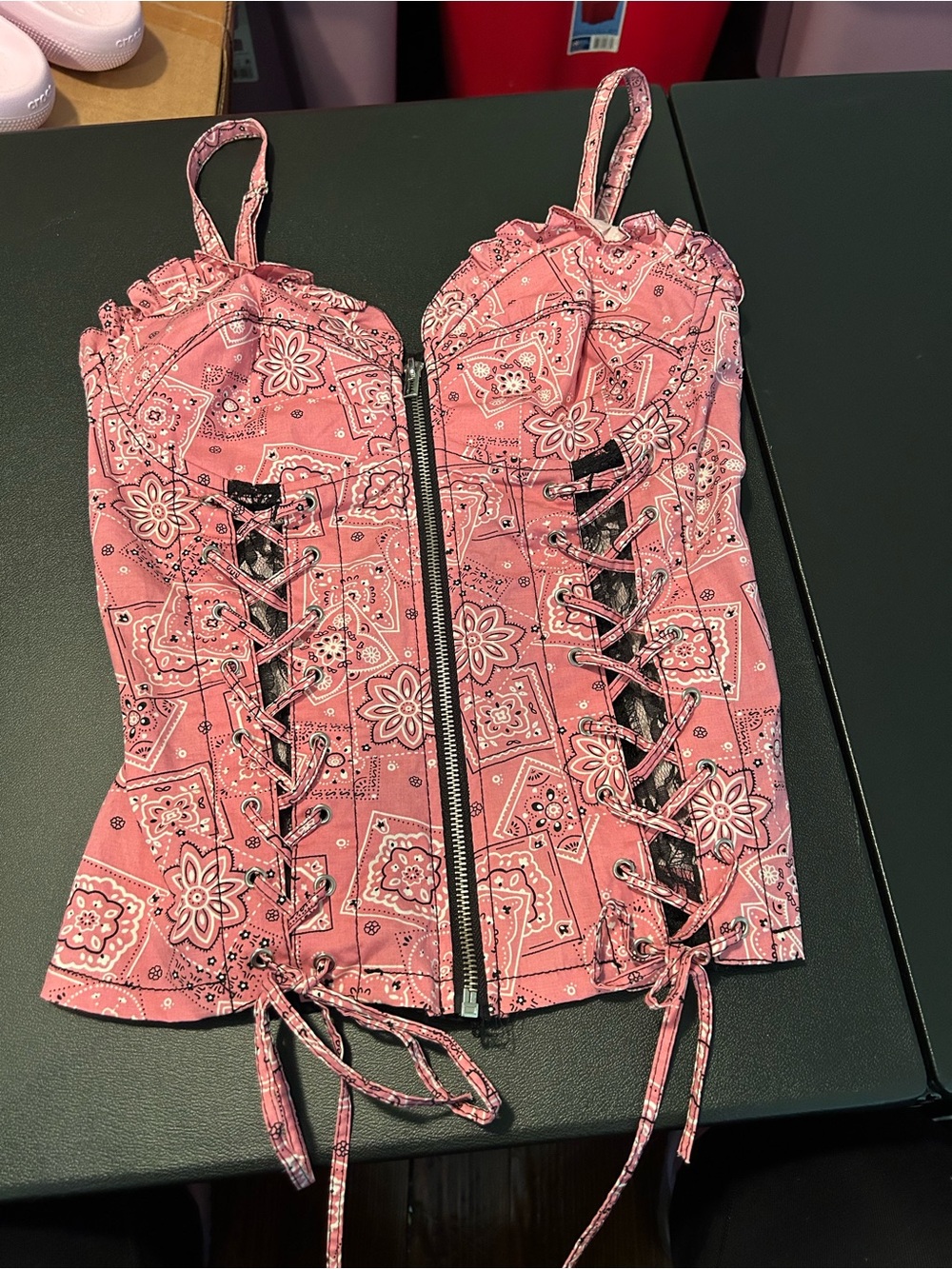 Royal Bones Pink Bandana-Print Lace-Up Corset Tank S